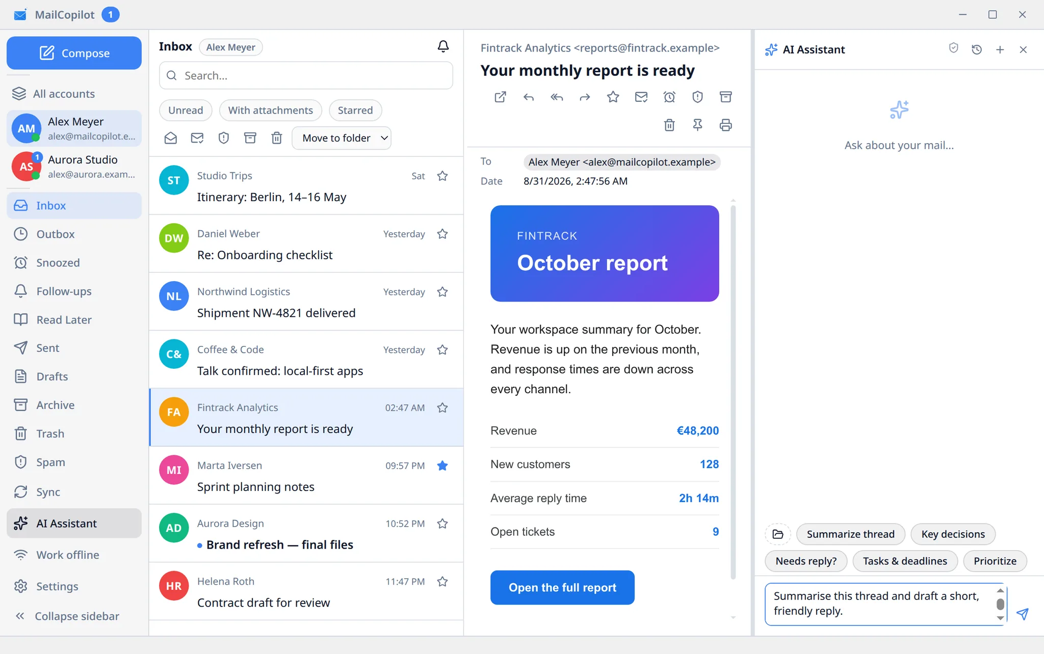 The MailCopilot AI assistant panel open beside a message, with one-click actions for summarising a thread, spotting decisions and drafting a reply