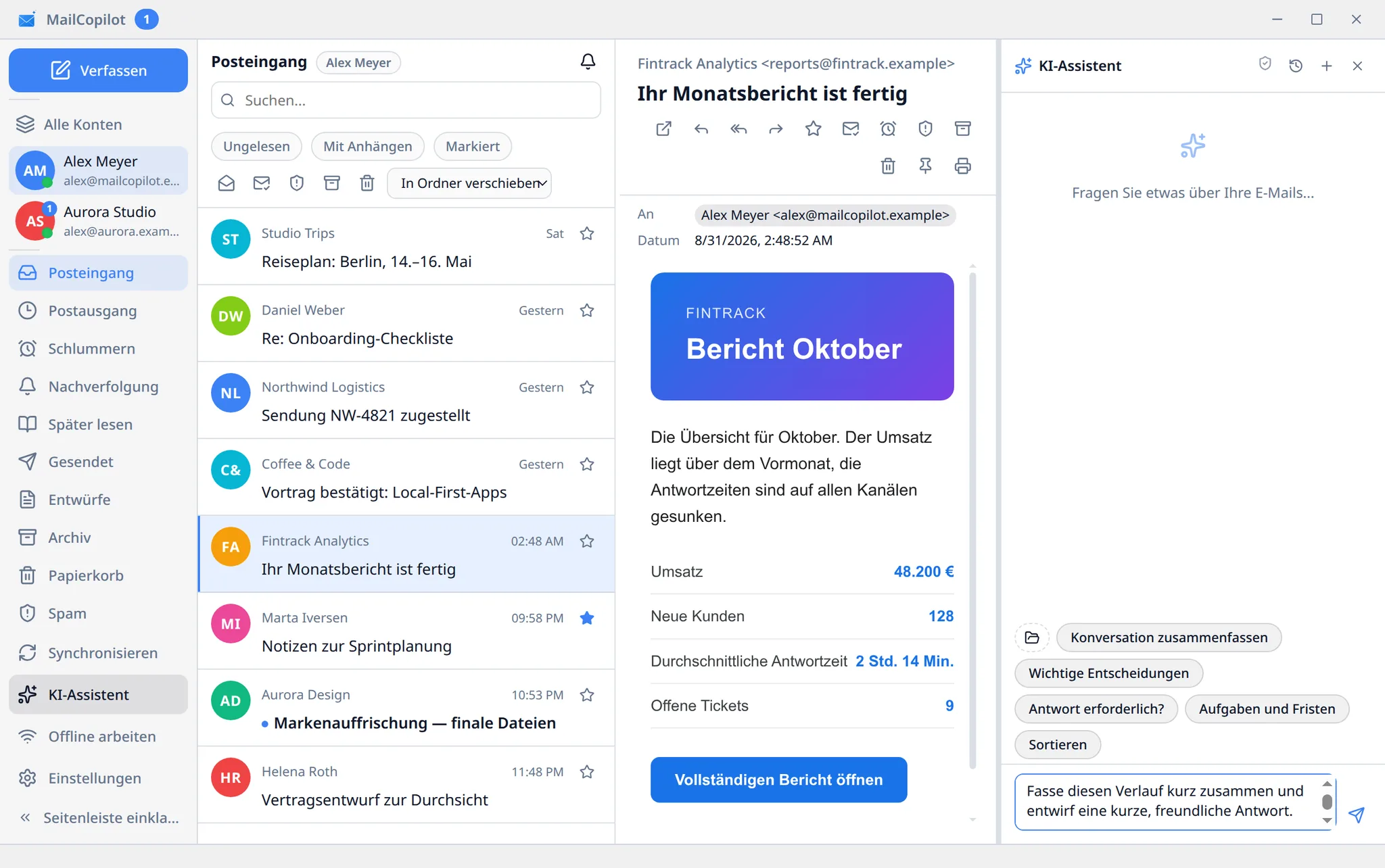 Das KI-Assistenten-Panel von MailCopilot neben einer Nachricht, mit Aktionen zum Zusammenfassen des Verlaufs, Erkennen von Entscheidungen und Entwerfen einer Antwort