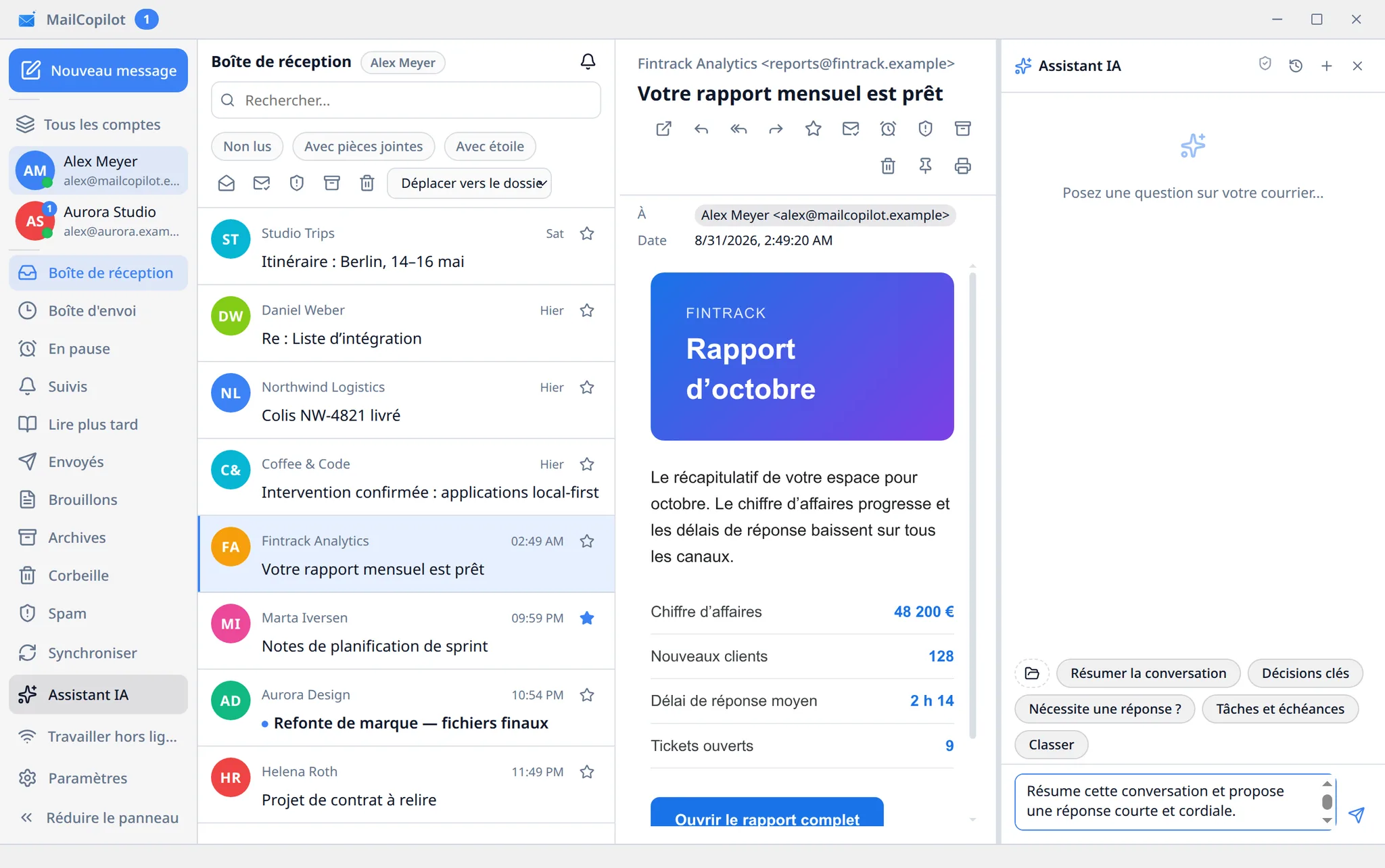 Le panneau de l'assistant IA de MailCopilot ouvert à côté d'un message, avec des actions pour résumer la conversation, repérer les décisions et rédiger une réponse