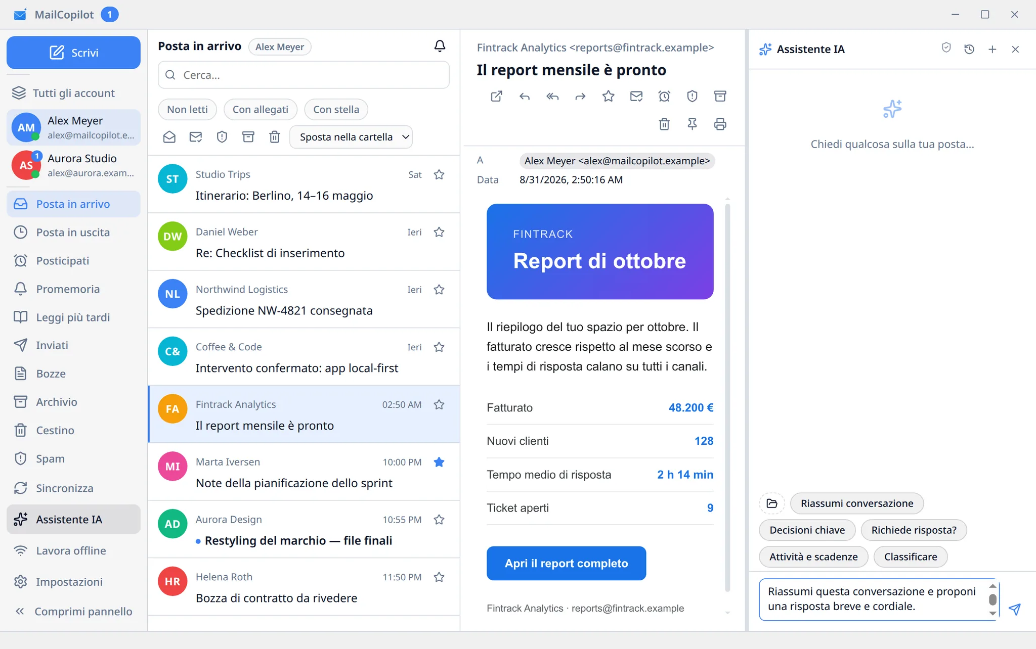 Il pannello dell'assistente IA di MailCopilot accanto a un messaggio, con azioni per riassumere la conversazione, individuare le decisioni e scrivere una risposta